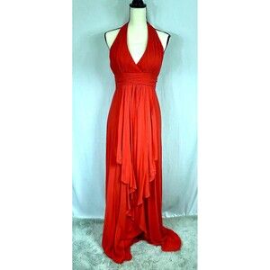 NICOLE MILLER Tangerine Halter Formal Silk Evening Gown Dress w/Train - Sz 2